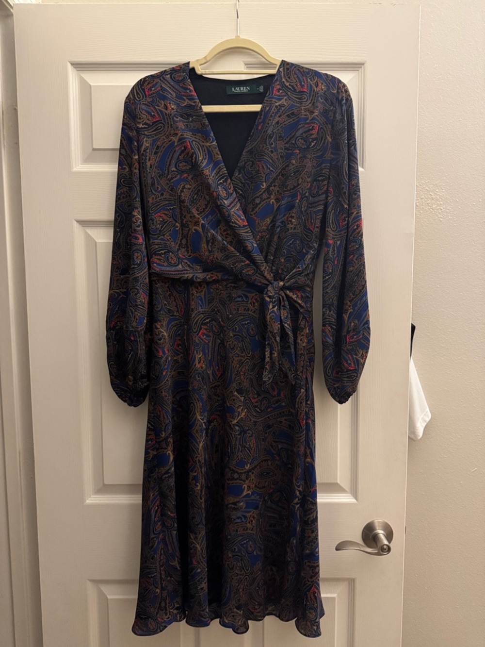 Lauren Ralph Lauren Navy Paisley Wrap-Style Long Sleeve Dress with Red Accents